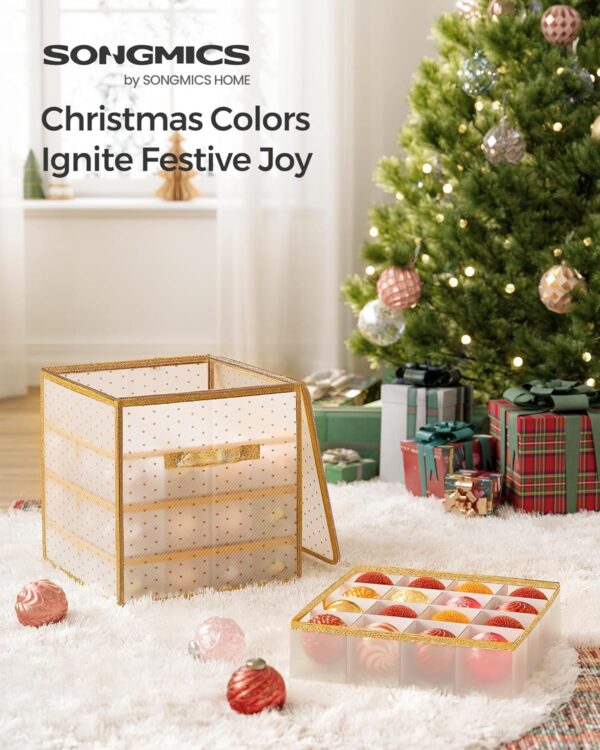 Plastic Christmas Ornament Storage Box, Christmas Ball Organizer, Holds 64 Balls up to 3-Inch, Removable Dividers, Sandy Gold 5