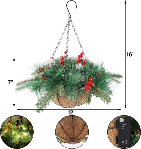 Pre-Lit Artificial Christmas Hanging Basket Outdoor Decoration with Pine Cones & Red Berry Clusters 5