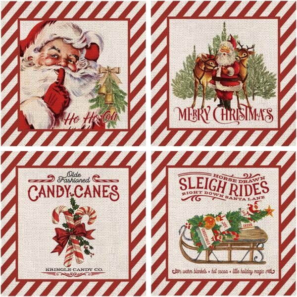Christmas Throw Pillow Covers Candy Canes Elk Santa Claus Sleigh Rides 18 x 18 Inch Set of 4 4