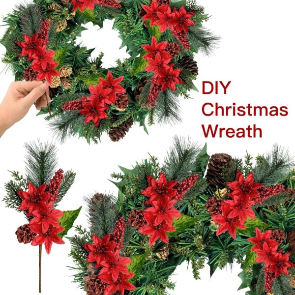 6 Pack Artificial Christmas Poinsettia Picks Faux Berries Pine Stems (Red) 4