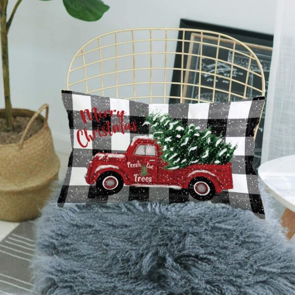 Christmas Pillow Cover Red Truck with Plaids Background 20 x 12 Inch 4