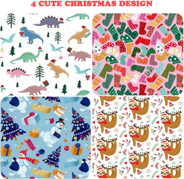 12 Sheets Xmas Gift Wrap 4 Cartoon Designs Dinosaur, Sloths, Snowmen, Socks - Folded Flat, 20 Inch X 29 Inch Per Sheet 4