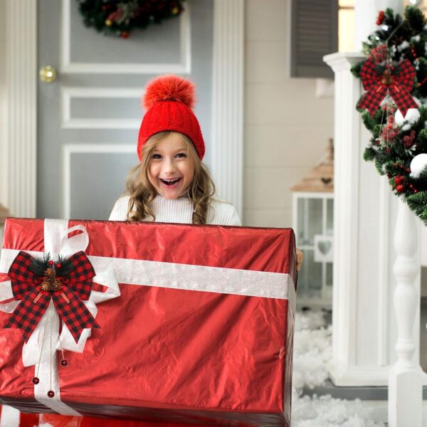 4 Pcs Christmas Bows Large Buffalo Plaid Bow with Pine Cones 9.8 x 11.8 Inch(Red and Black Plaid) 4