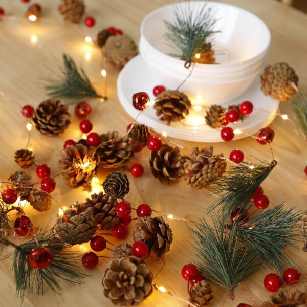 2 Pack Garland Lights with Pine Cones Bell Red Berries, Total 13.4FT/40 LED Christmas Garland with Lights,Battery Operated 4