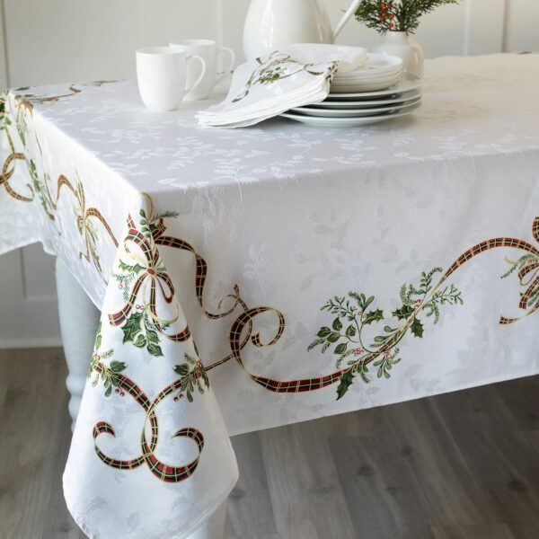 Merry Ribbons Engineered Printed Jacquard Fabric Christmas Table Cloth (60" x 104" Rectangular, Merry Ribbons) 4