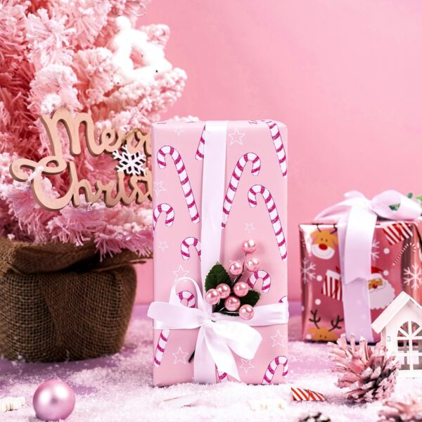 Reversible Christmas Wrapping Paper Roll - Metallic Foil with Santa Claus & Candy Cane in Pink - 17 inches x 32.8 Feet (46.45 sq.ft.) 5