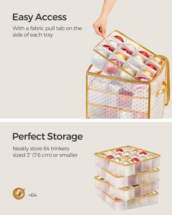 Plastic Christmas Ornament Storage Box, Christmas Ball Organizer, Holds 64 Balls up to 3-Inch, Removable Dividers, Sandy Gold 4