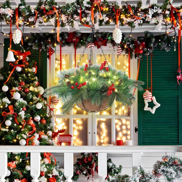 Pre-Lit Artificial Christmas Hanging Basket Outdoor Decoration with Pine Cones & Red Berry Clusters 4