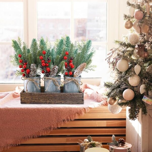 Christmas Farmhouse Centerpiece Rustic Wood Tray 3 Galvanized Pots 3