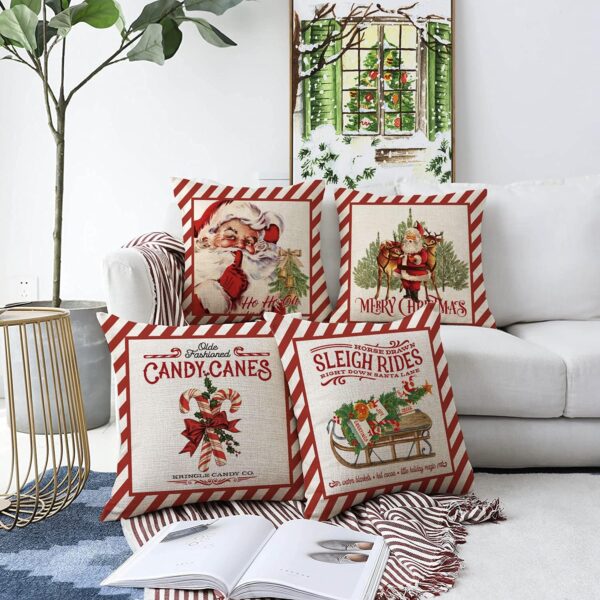 Christmas Throw Pillow Covers Candy Canes Elk Santa Claus Sleigh Rides 18 x 18 Inch Set of 4 3