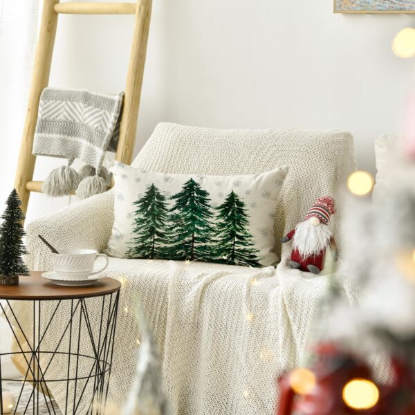 Watercolor Green Christmas Trees Snowflake Throw Pillow Cover, 12 x 20 Inch 3