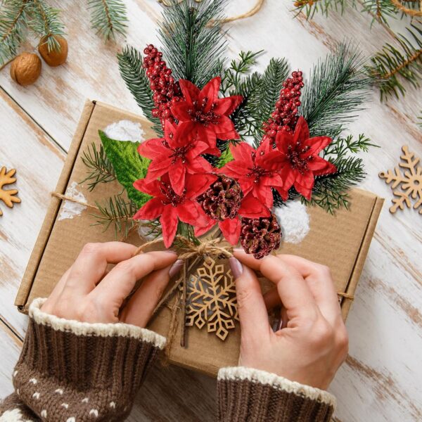 6 Pack Artificial Christmas Poinsettia Picks Faux Berries Pine Stems (Red) 3