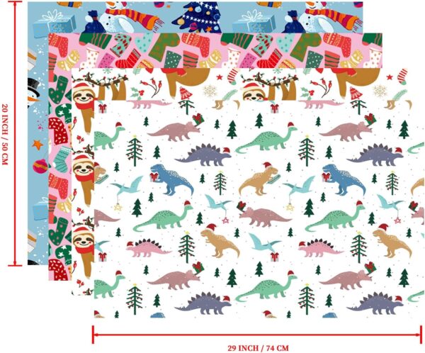12 Sheets Xmas Gift Wrap 4 Cartoon Designs Dinosaur, Sloths, Snowmen, Socks - Folded Flat, 20 Inch X 29 Inch Per Sheet 3