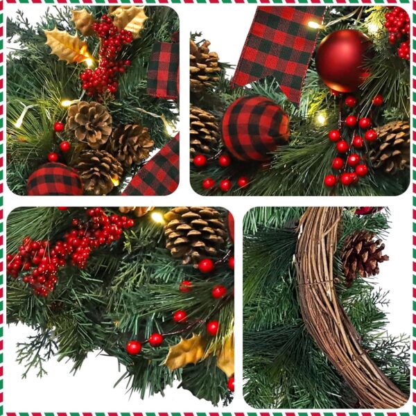 Green Christmas Door Wreath with Pine Branch,Christmas Ball Ornaments,Bows,Pine Cones,Berry 3