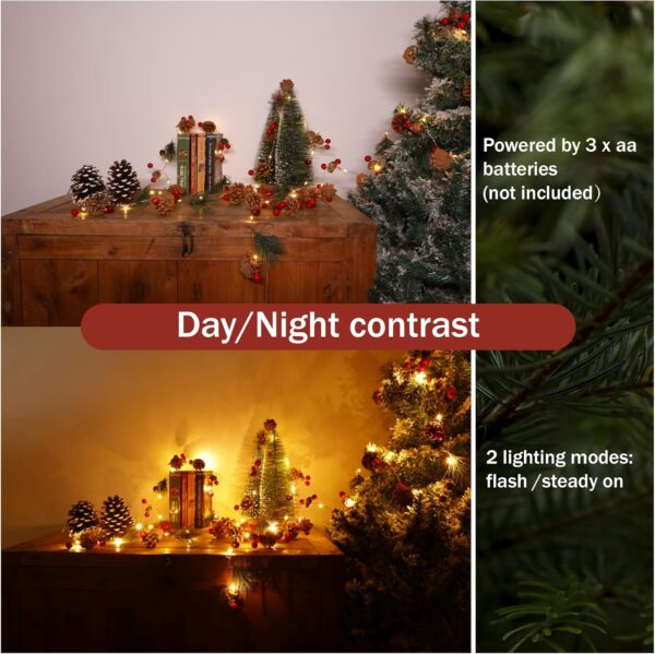 2 Pack Garland Lights with Pine Cones Bell Red Berries, Total 13.4FT/40 LED Christmas Garland with Lights,Battery Operated 3