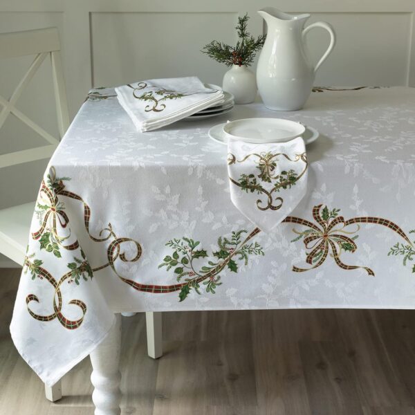 Merry Ribbons Engineered Printed Jacquard Fabric Christmas Table Cloth (60" x 104" Rectangular, Merry Ribbons) 3