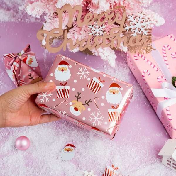 Reversible Christmas Wrapping Paper Roll - Metallic Foil with Santa Claus & Candy Cane in Pink - 17 inches x 32.8 Feet (46.45 sq.ft.) 4