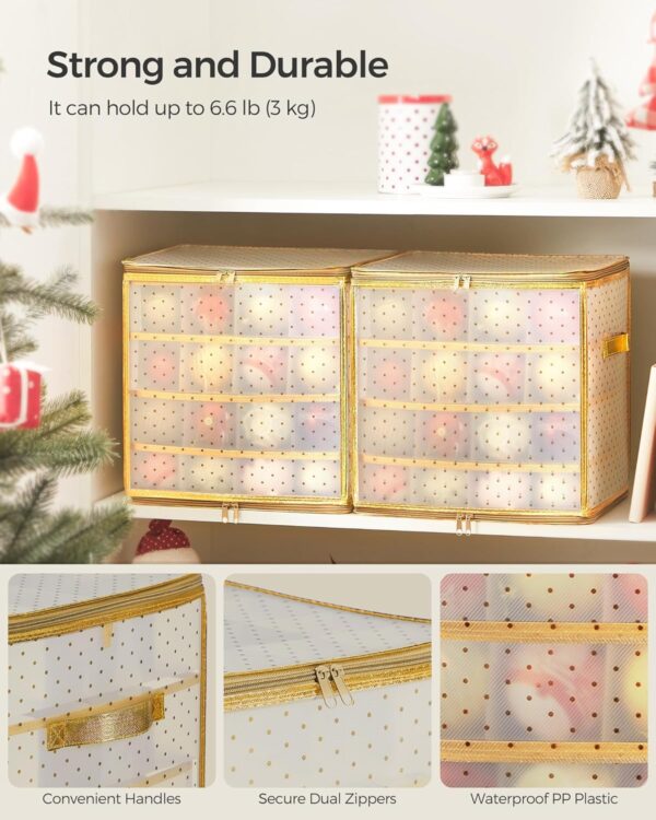 Plastic Christmas Ornament Storage Box, Christmas Ball Organizer, Holds 64 Balls up to 3-Inch, Removable Dividers, Sandy Gold 3