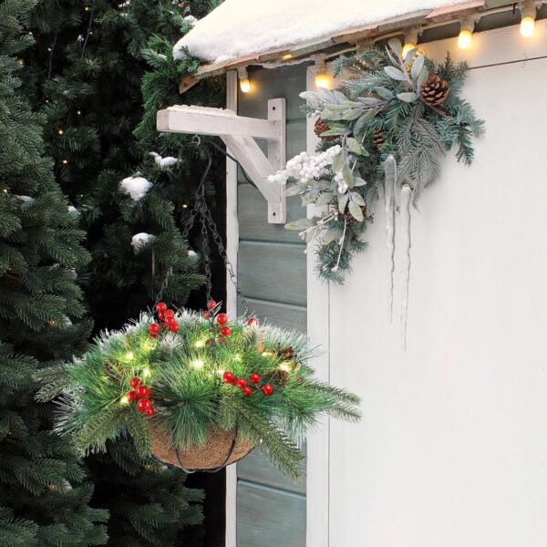 Pre-Lit Artificial Christmas Hanging Basket Outdoor Decoration with Pine Cones & Red Berry Clusters 3