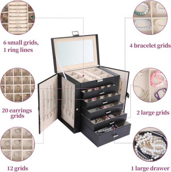 6 Layer Lockable Large Jewelry Holder Organizer with 5 Drawers (Black) 3