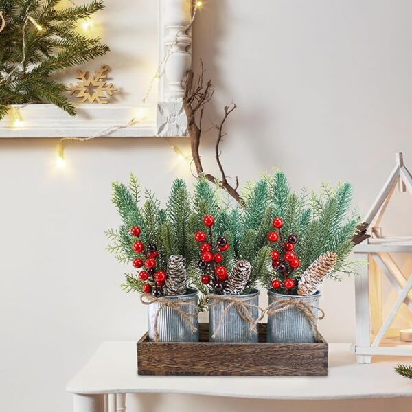 Christmas Farmhouse Centerpiece Rustic Wood Tray 3 Galvanized Pots 2