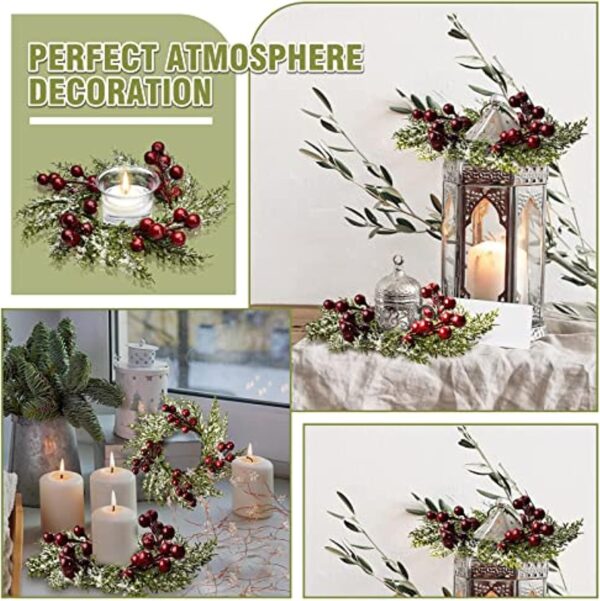 Christmas Wreath Artificial Red Berries and Pinecones Pillars Candle Rings (12 Pieces) 2