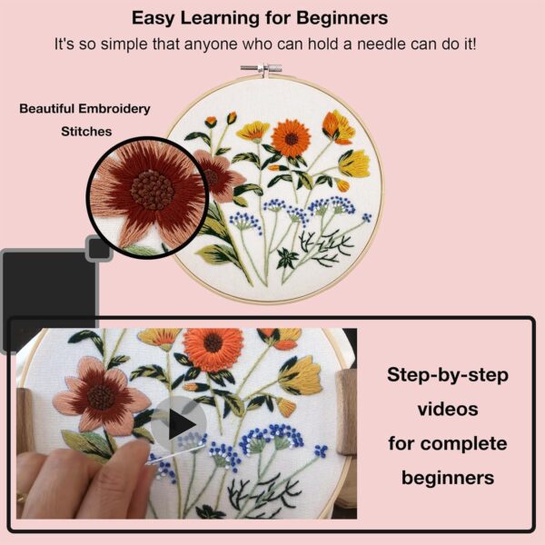 4 Sets Embroidery Kit for Beginners, Flower Cross Stitch Kits with Floral Stamped Pattern, 2 Hoops, Needles, Scissors, Tools 2