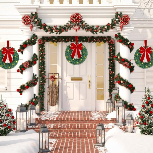 3 Pack Lighted Christmas Front Door Mini Wreath (Red Bow) 2