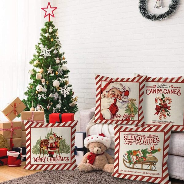 Christmas Throw Pillow Covers Candy Canes Elk Santa Claus Sleigh Rides 18 x 18 Inch Set of 4 2