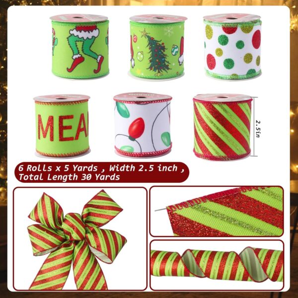 Christmas Ribbon Wired 2.5 Inch,6 Roll 30 Yards Red and Green 2