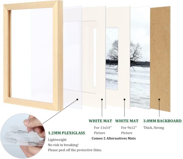 12x16 Picture Frame Natural Wood with Plexiglass Made of Solid 9x12/11x14 with Mat or 12x16 Without Mat 2