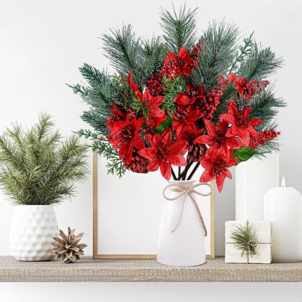 6 Pack Artificial Christmas Poinsettia Picks Faux Berries Pine Stems (Red) 2