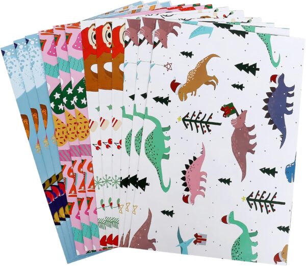 12 Sheets Xmas Gift Wrap 4 Cartoon Designs Dinosaur, Sloths, Snowmen, Socks - Folded Flat, 20 Inch X 29 Inch Per Sheet 2
