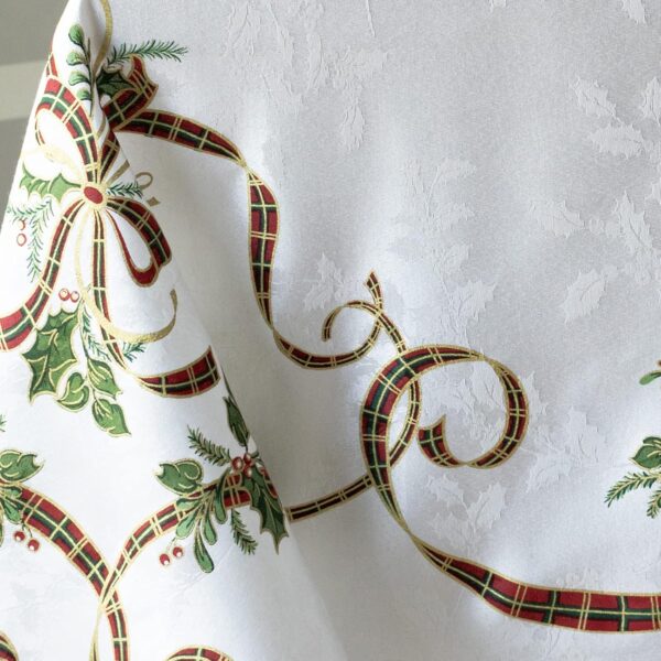 Merry Ribbons Engineered Printed Jacquard Fabric Christmas Table Cloth (60" x 104" Rectangular, Merry Ribbons) 2