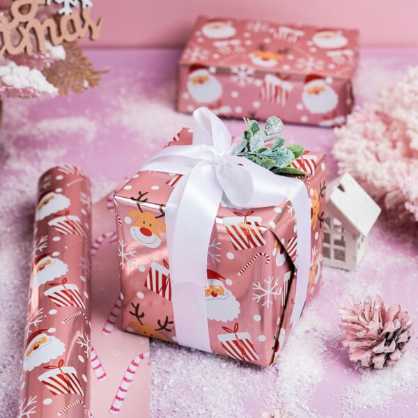 Reversible Christmas Wrapping Paper Roll - Metallic Foil with Santa Claus & Candy Cane in Pink - 17 inches x 32.8 Feet (46.45 sq.ft.) 3