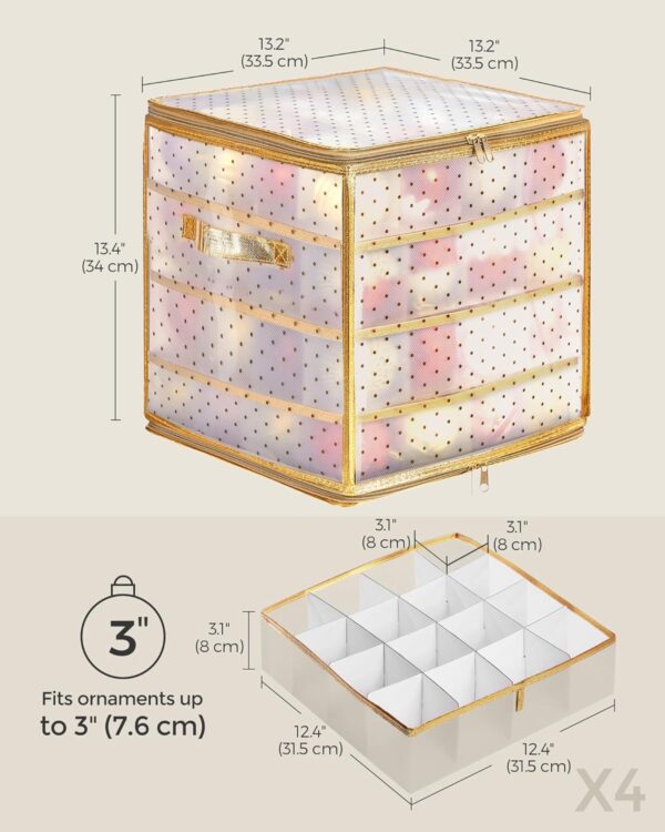 Plastic Christmas Ornament Storage Box, Christmas Ball Organizer, Holds 64 Balls up to 3-Inch, Removable Dividers, Sandy Gold 2