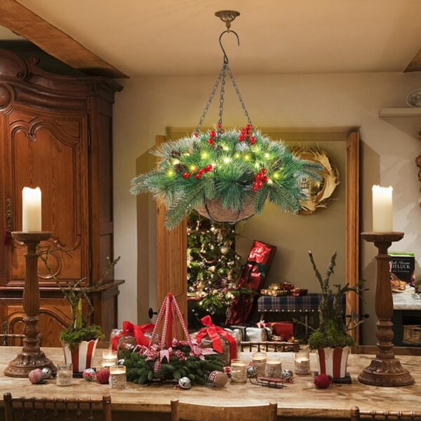Pre-Lit Artificial Christmas Hanging Basket Outdoor Decoration with Pine Cones & Red Berry Clusters 2