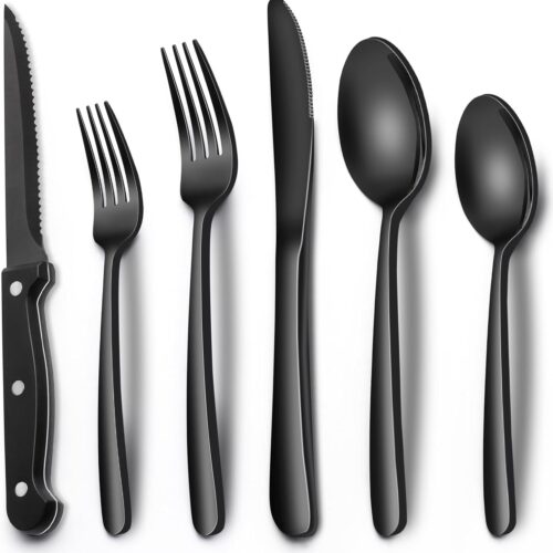 61jpOV0xv2L._AC_SL1500_ Black Heavy Duty Silverware Set, 24-Piece Stainless Steel Flatware Set with Steak Knives for 4