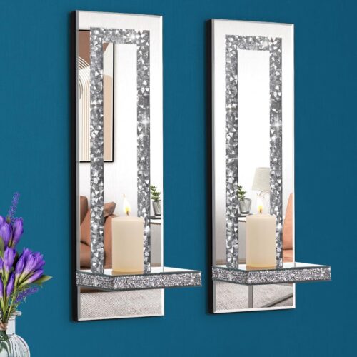 Crystal Crush Diamond Mirrored Candle Sconces, Silver Wall Candle Holder Set of 2