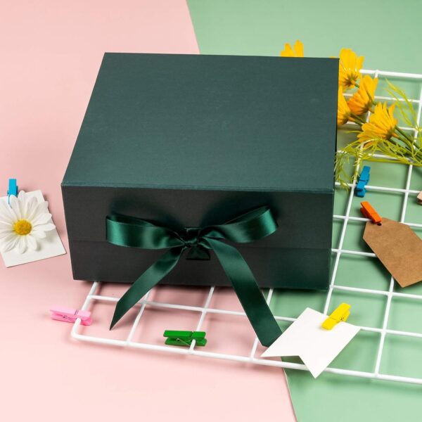 2Pcs Green Gift Box with Satin Ribbon, 8x8x4 Inches Collapsible Gift Box 2