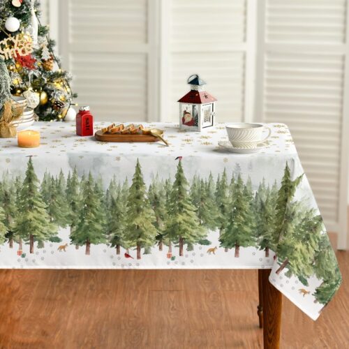 Christmas Tablecloth 60×84 Inch, Golden Snow Trees Washable Table Cover