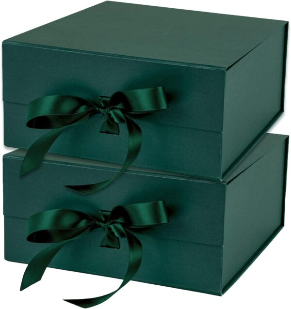 2Pcs Green Gift Box with Satin Ribbon, 8x8x4 Inches Collapsible Gift Box 1