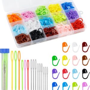 220/900 Pieces Stitch Markers,with 15 Pcs Large Eye Blunt Sewing Needles