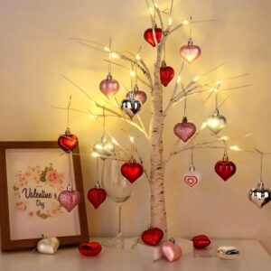 Valentines Day Decor 23.2" Lighted Birch Tree with 24pcs Heart Tree Ornaments