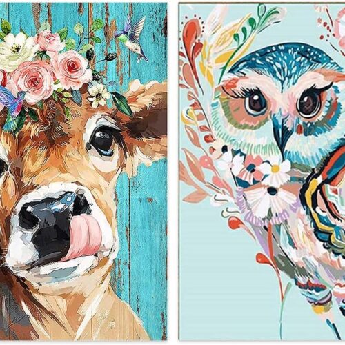 2-Piece Diamond Painting Kitsfor Adults, 5D DlYFull Drill Round Art Gems Owland Cow