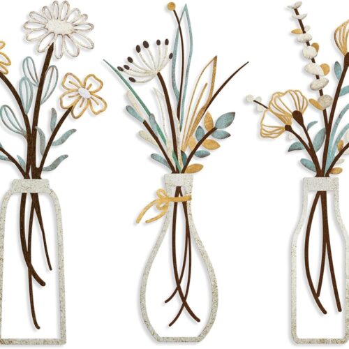71j21WDXZkL._AC_SL1500_ 3 Pieces Metal Flowers Wall Arts - Rustic Farmhouse Decor Beige Minimalist Flower Wall Decors