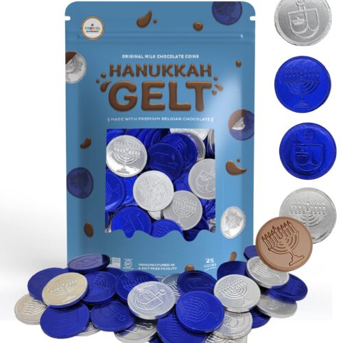 Milk Chocolate Coins, Hanukkah Gelt, Blue And Silver Coins, Made with Premium Belgian Chocolate, Nut and Gluten-Free, Non-GMO, Kosher Certified Dairy (25-Pack)