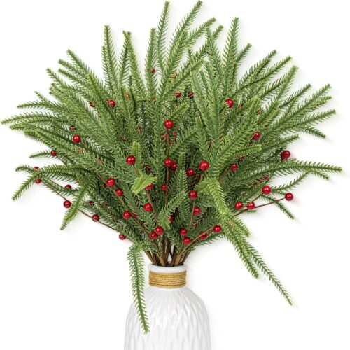 20 PCS Christmas Branches 17 Inch Artificial Christmas Tree Picks with Red Berries