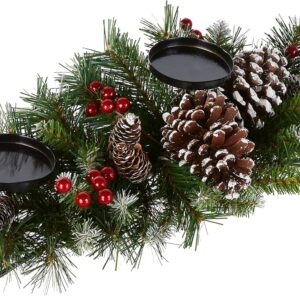 Artificial Christmas Centerpiece | Includes 3 Candle Holders, Red Berries, Pine Cones and Steal Base