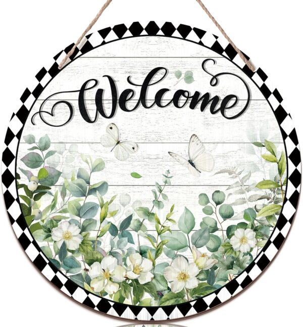 Eucalyptus Leaves Welcome Sign for Front Door Wood Welcome Door Wreath Door 1